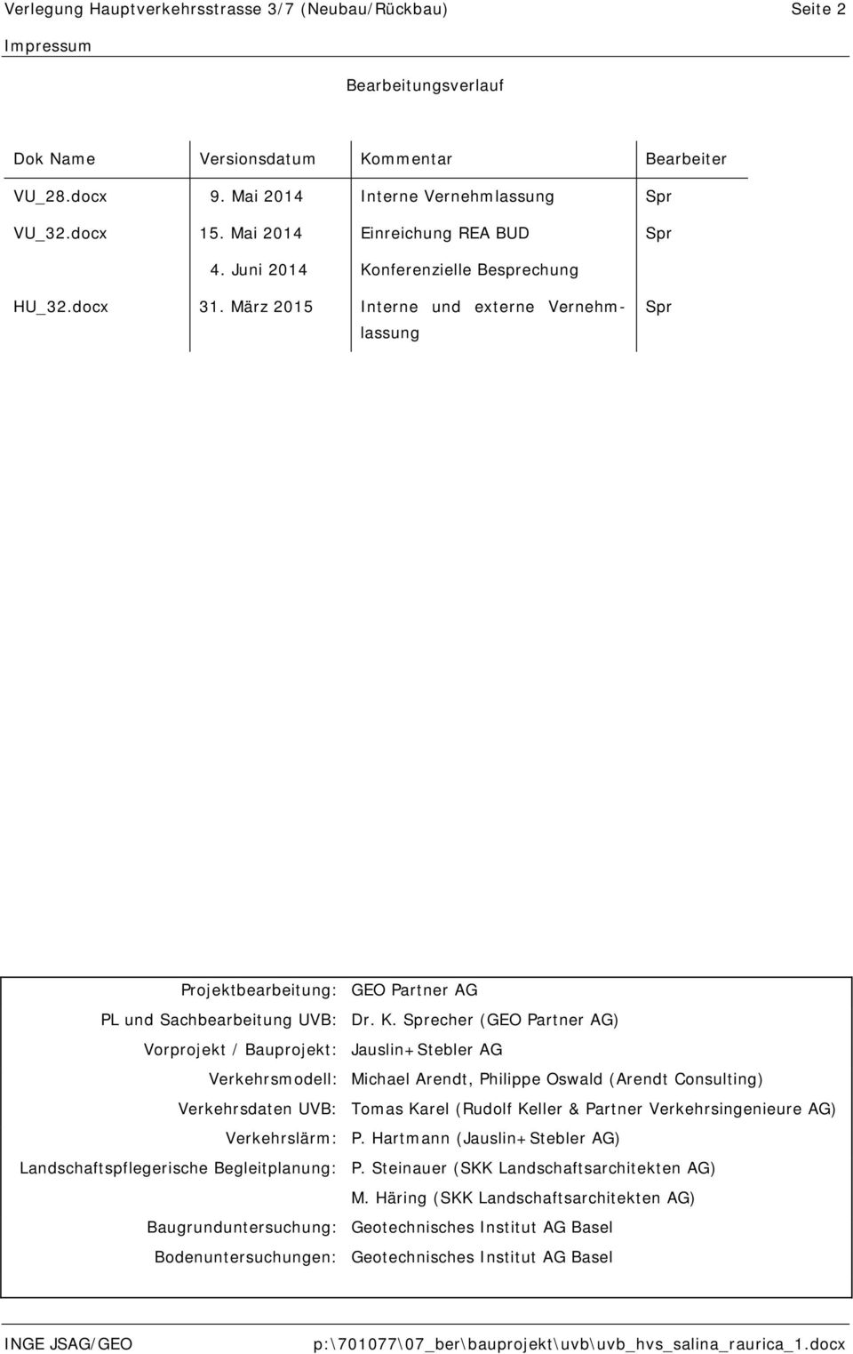 März 2015 Interne und externe Vernehmlassung Spr Projektbearbeitung: GEO Partner AG PL und Sachbearbeitung UVB: Dr. K.