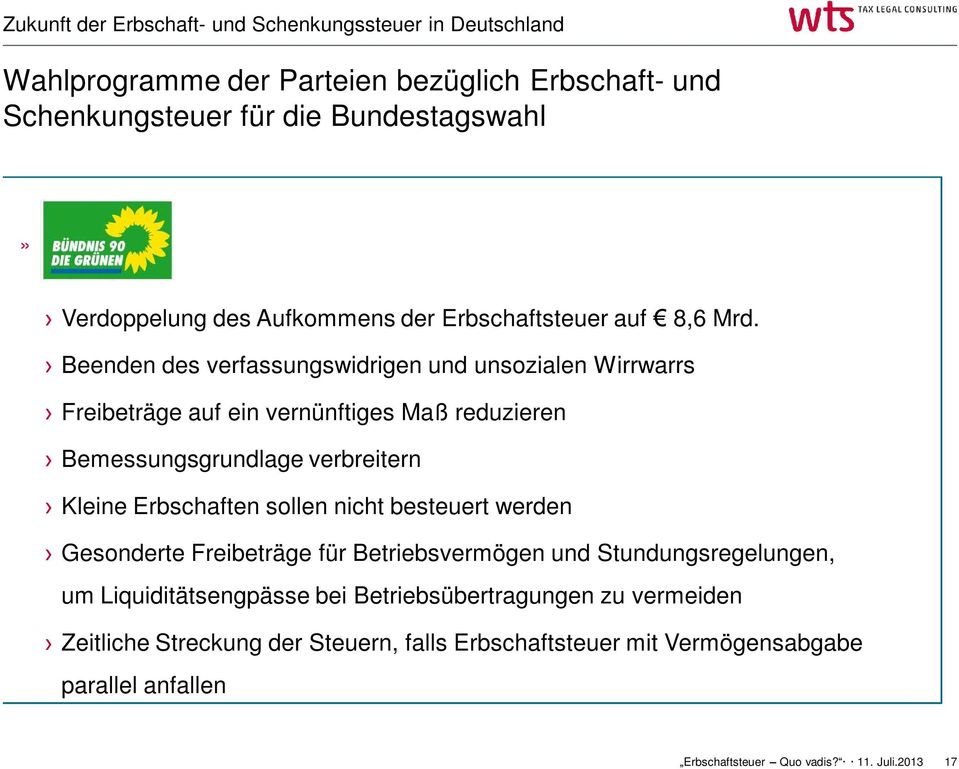 Beenden des verfassungswidrigen und unsozialen Wirrwarrs Freibeträge auf ein vernünftiges Maß reduzieren Bemessungsgrundlage verbreitern Kleine Erbschaften