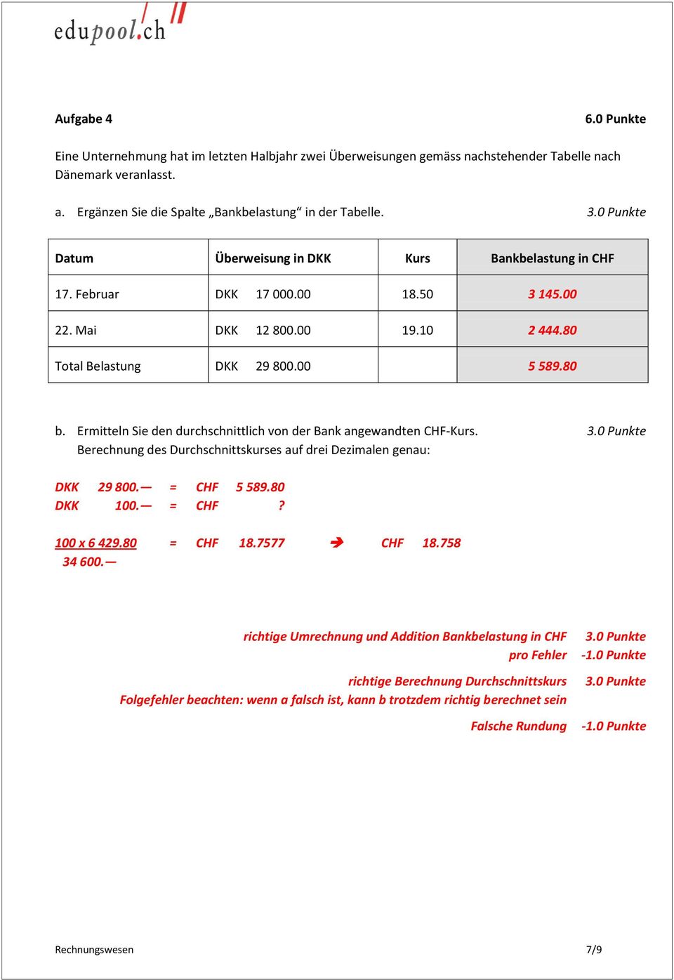 Ermitteln Sie den durchschnittlich von der Bank angewandten CHF-Kurs. 3.0 Punkte Berechnung des Durchschnittskurses auf drei Dezimalen genau: DKK 29 800. = CHF 5 589.80 DKK 100. = CHF? 100 x 6 429.