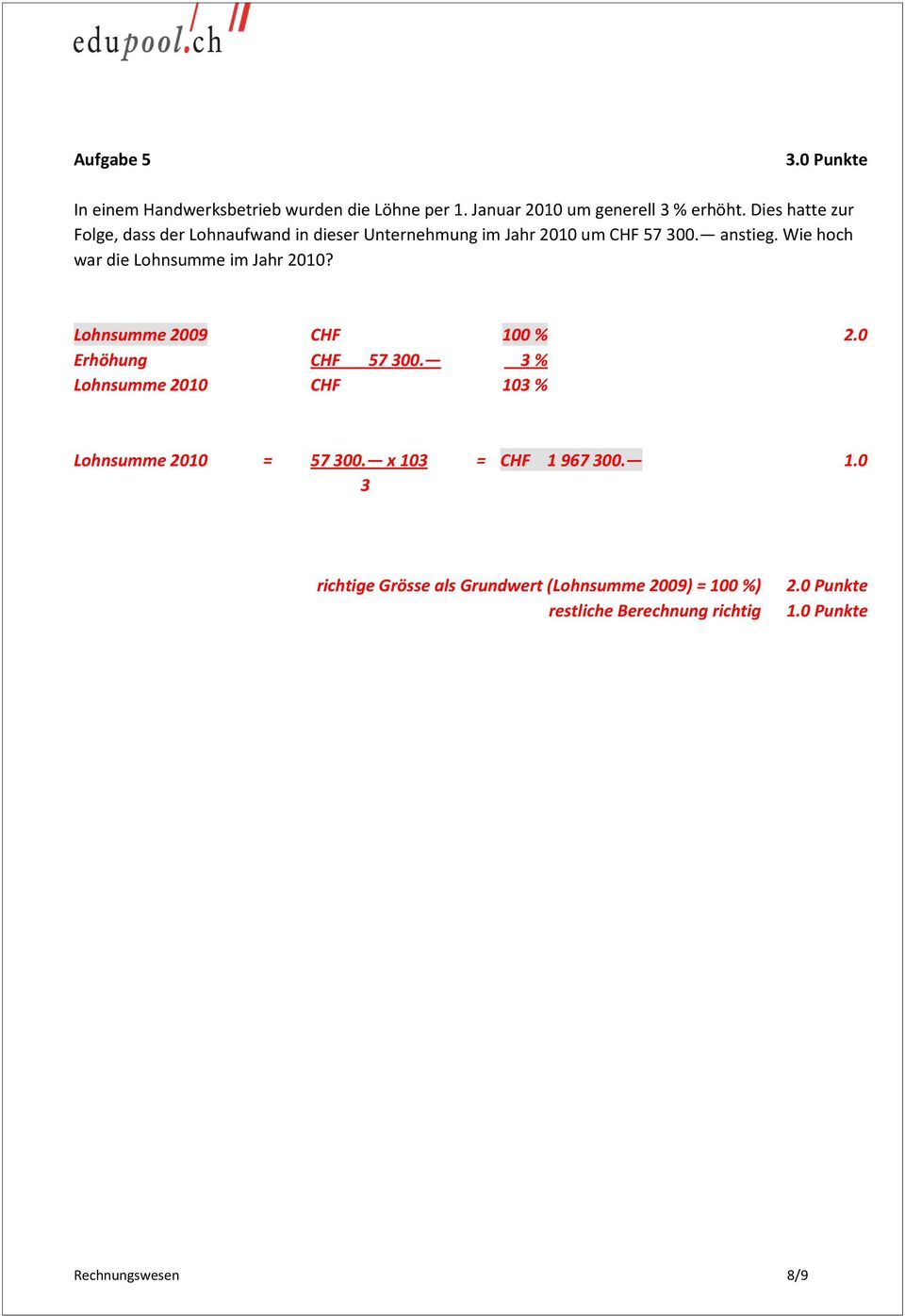 Wie hoch war die Lohnsumme im Jahr 2010? Lohnsumme 2009 CHF 100 % 2.0 Erhöhung CHF 57 300.