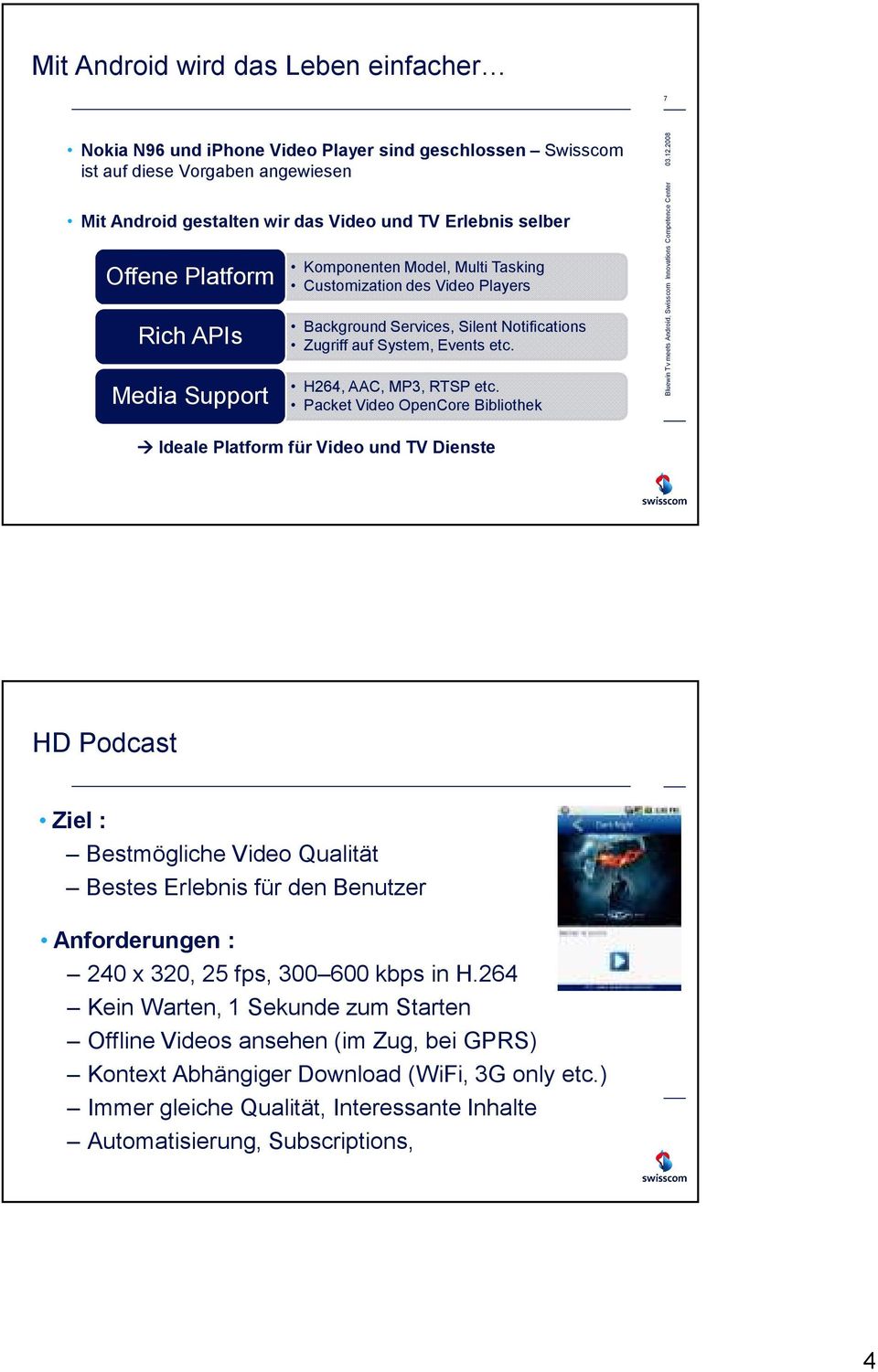 Packet Video OpenCore Bibliothek Ideale Platform für Video und TV Dienste HD Podcast Ziel : Bestmögliche Video Qualität Bestes Erlebnis für den Benutzer Anforderungen : 240 x 320, 25 fps, 300 600
