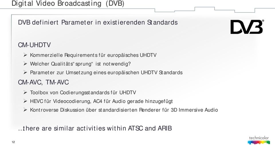 Parameter zur Umsetzung eines europäischen UHDTV Standards CM-AVC, TM-AVC Toolbox von Codierungsstandards für UHDTV HEVC