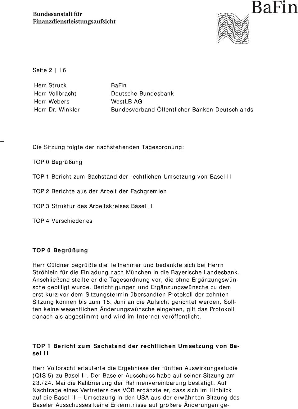 rechtlichen Umsetzung von Basel II TOP 2 Berichte aus der Arbeit der Fachgremien TOP 3 Struktur des Arbeitskreises Basel II TOP 4 Verschiedenes TOP 0 Begrüßung Herr Güldner begrüßte die Teilnehmer