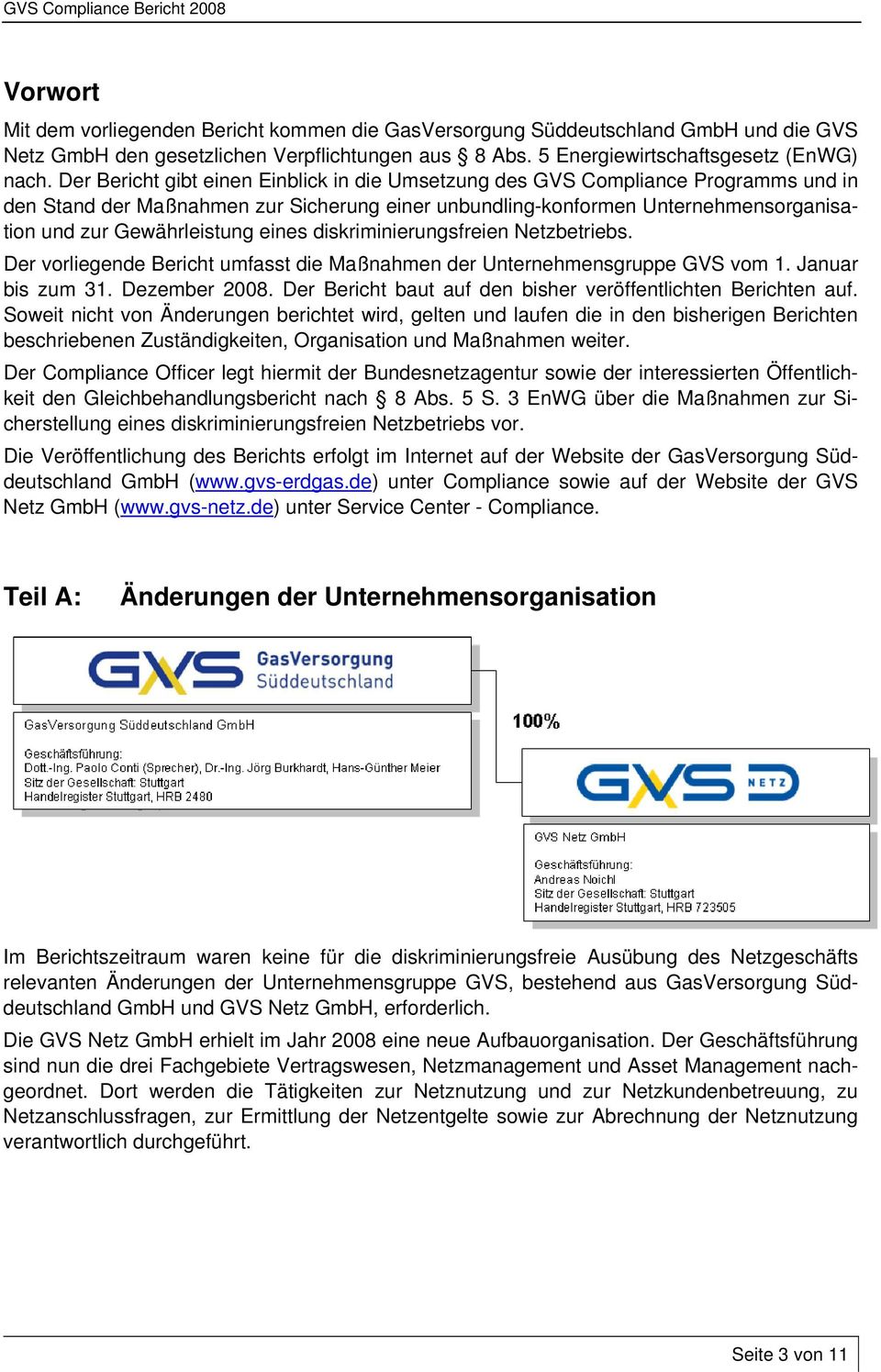 eines diskriminierungsfreien Netzbetriebs. Der vorliegende Bericht umfasst die Maßnahmen der Unternehmensgruppe GVS vom 1. Januar bis zum 31. Dezember 2008.