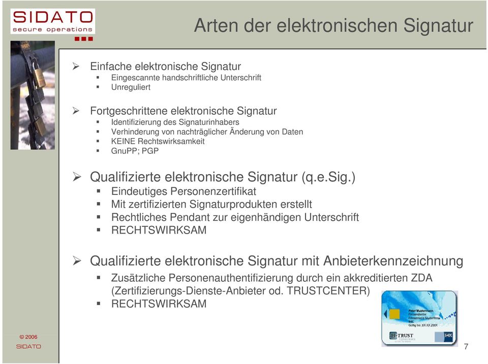 ) Eindeutiges Personenzertifikat Mit zertifizierten Signaturprodukten erstellt Rechtliches Pendant zur eigenhändigen Unterschrift RECHTSWIRKSAM Qualifizierte