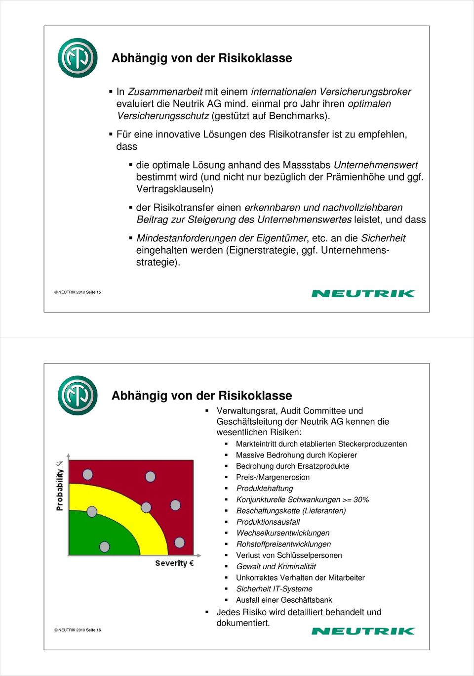 Für eine innovative Lösungen des Risikotransfer ist zu empfehlen, dass die optimale Lösung anhand des Massstabs Unternehmenswert bestimmt wird (und nicht nur bezüglich der Prämienhöhe und ggf.