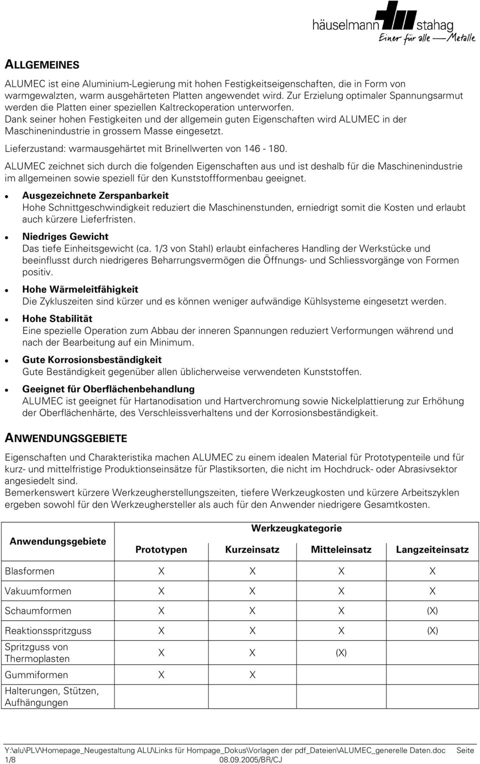 Dank seiner hohen Festigkeiten und der allgemein guten Eigenschaften wird ALUMEC in der Maschinenindustrie in grossem Masse eingesetzt. Lieferzustand: warmausgehärtet mit Brinellwerten von 146-180.