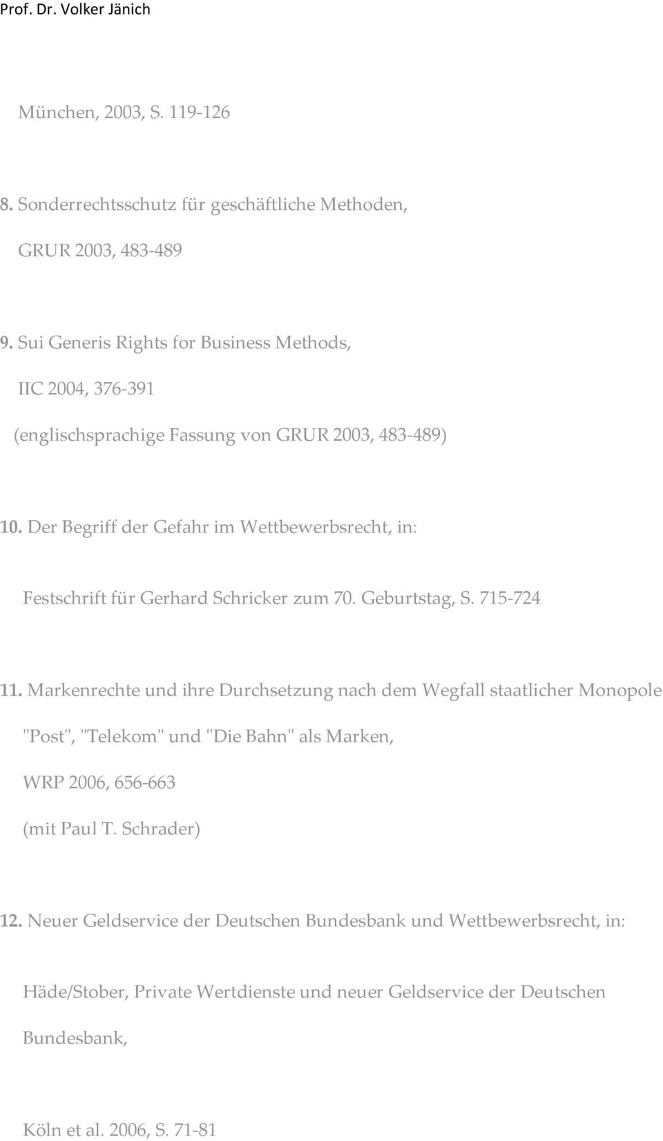 Der Begriff der Gefahr im Wettbewerbsrecht, in: Festschrift für Gerhard Schricker zum 70. Geburtstag, S. 715-724 11.