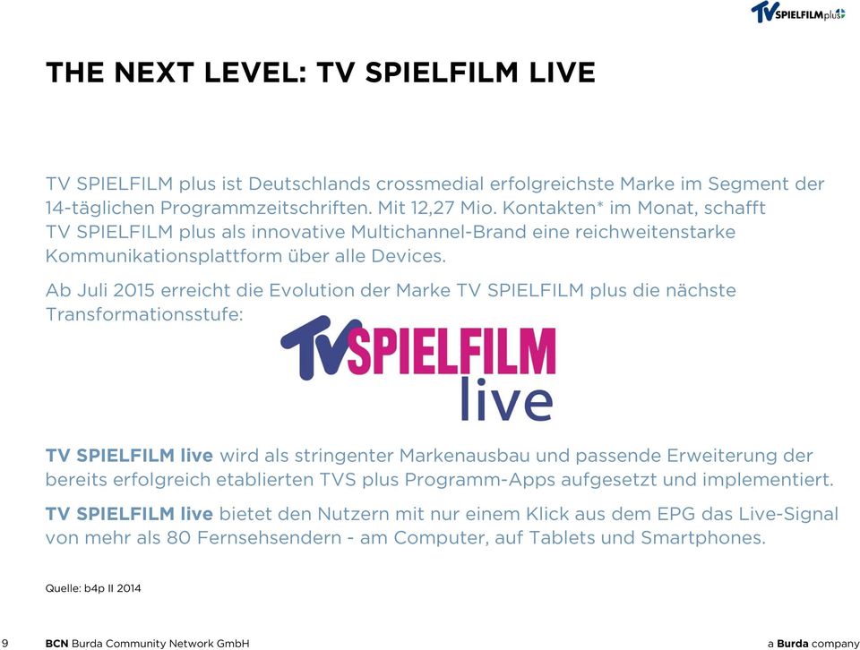Ab Juli 2015 erreicht die Evolution der Marke TV SPIELFILM plus die nächste Transformationsstufe: TV SPIELFILM live wird als stringenter Markenausbau und passende Erweiterung der bereits erfolgreich