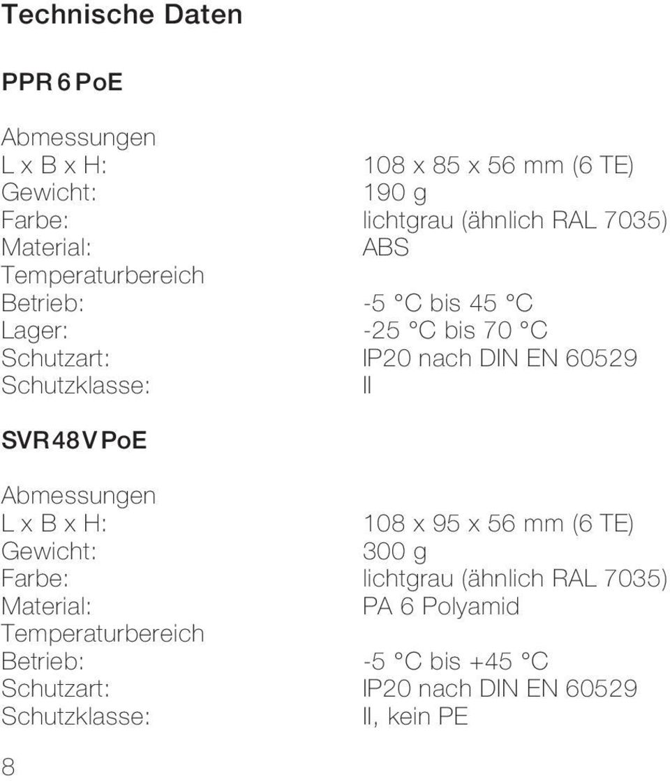 60529 II SVR 48 V PoE Abmessungen L x B x H: Gewicht: Farbe: Material: Temperaturbereich Betrieb: Schutzart: Schutzklasse: