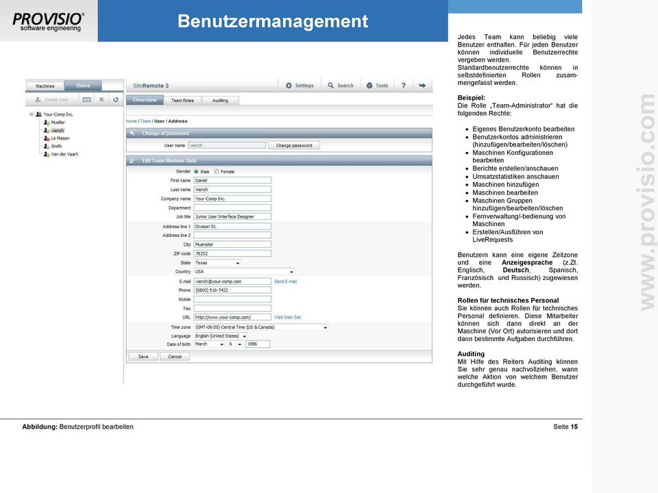 Beispiel: Die Rolle Team-Administrator hat die folgenden Rechte: Eigenes Benutzerkonto bearbeiten Benutzerkontos administrieren (hinzufügen/bearbeiten/löschen) Maschinen Konfigurationen bearbeiten