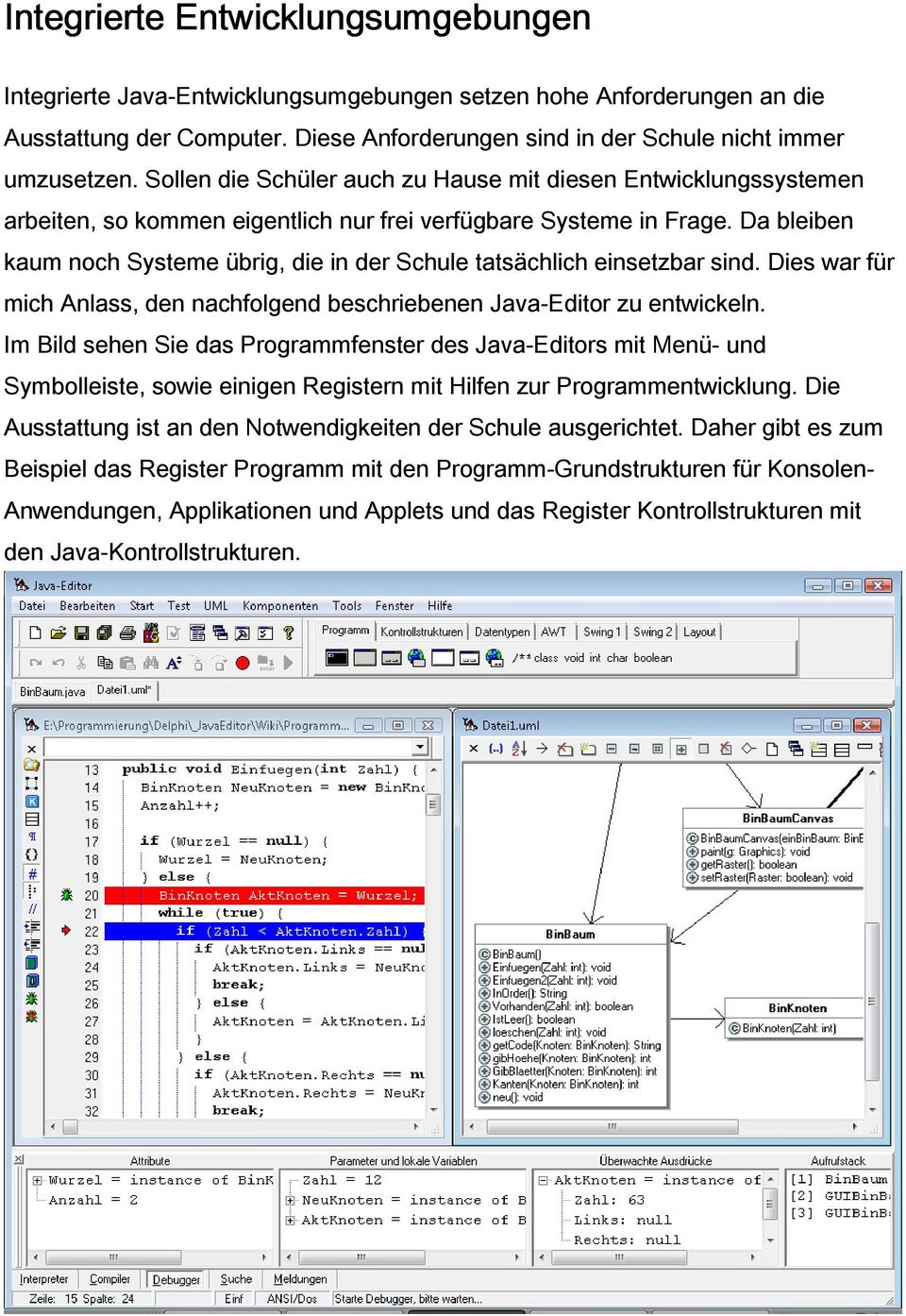 Da bleiben kaum noch Systeme übrig, die in der Schule tatsächlich einsetzbar sind. Dies war für mich Anlass, den nachfolgend beschriebenen Java-Editor zu entwickeln.