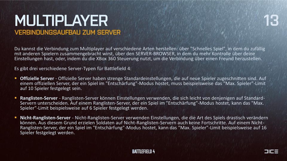 Es gibt drei verschiedene Server-Typen für Battlefield 4: Offizielle Server - Offizielle Server haben strenge Standardeinstellungen, die auf neue Spieler zugeschnitten sind.