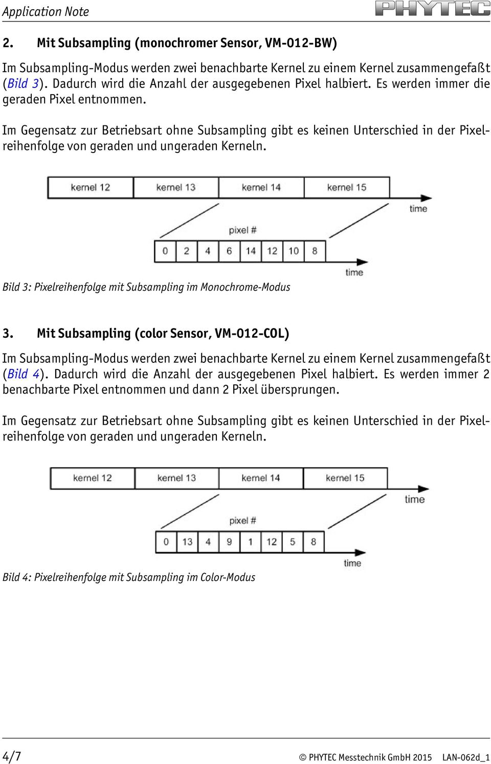 Bild 3: Pixelreihenfolge mit Subsampling im Monochrome-Modus 3. Mit Subsampling (color Sensor, VM-012-COL) Im Subsampling-Modus werden zwei benachbarte Kernel zu einem Kernel zusammengefaßt (Bild 4).