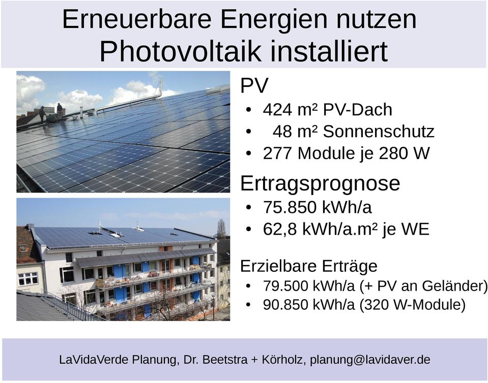 Ertragsprognose 75.850 kwh/a 62,8 kwh/a.