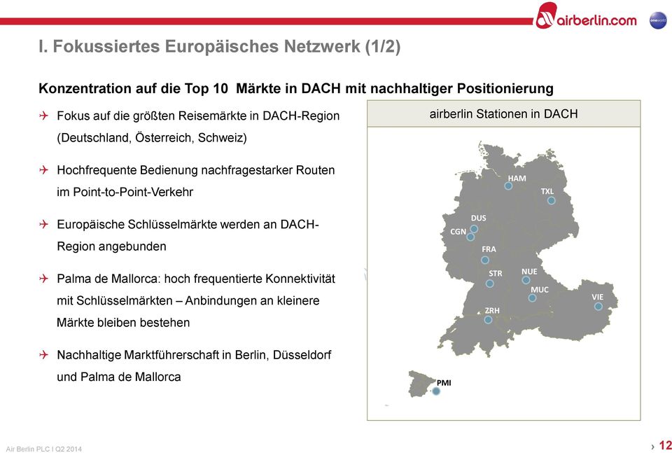 Europäische Schlüsselmärkte werden an DACH- Region angebunden CGN DUS FRA Palma de Mallorca: hoch frequentierte Konnektivität mit Schlüsselmärkten Anbindungen