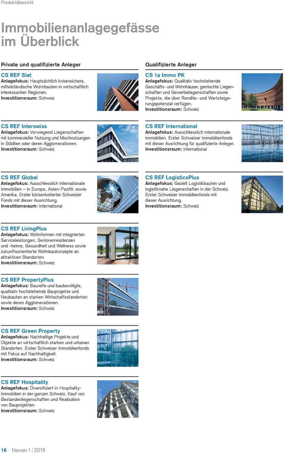 Investitionsraum: Schweiz Qualifizierte Anleger CS 1a Immo PK Anlagefokus: Qualitativ hochstehende Geschäfts- und Wohnhäuser, gemischte Liegenschaften und Gewerbe liegenschaften sowie Projekte, die