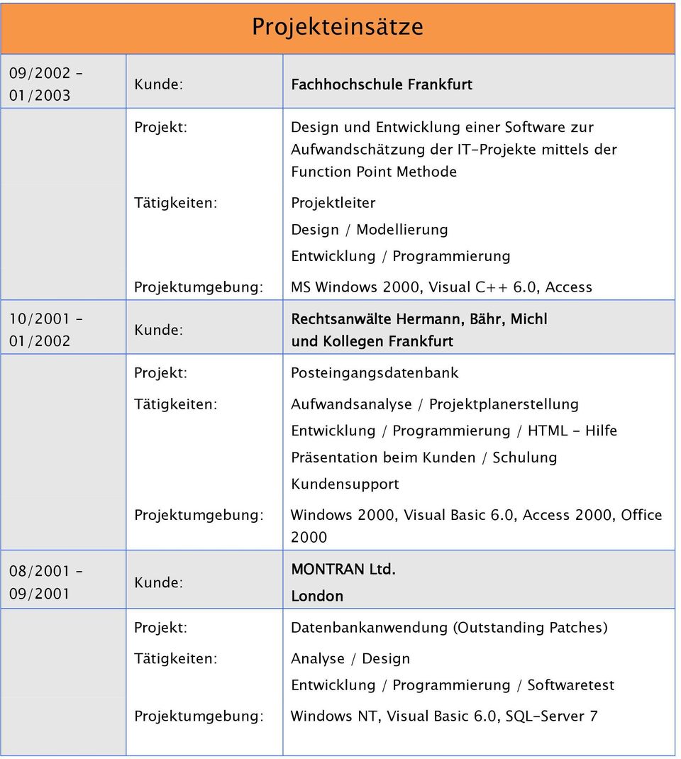 0, Access Rechtsanwälte Hermann, Bähr, Michl und Kollegen Frankfurt Posteingangsdatenbank Aufwandsanalyse / Projektplanerstellung Entwicklung / Programmierung / HTML - Hilfe