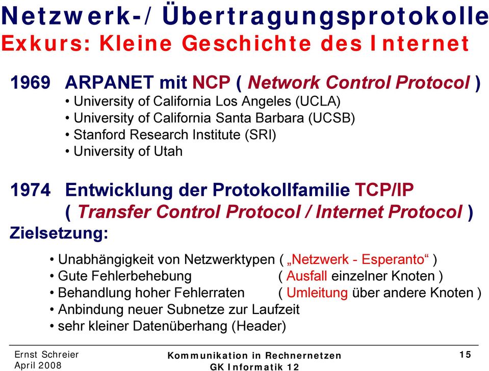 TCP/IP ( Transfer Control Protocol / Internet Protocol ) Zielsetzung: Unabhängigkeit von Netzwerktypen ( Netzwerk - Esperanto ) Gute Fehlerbehebung (