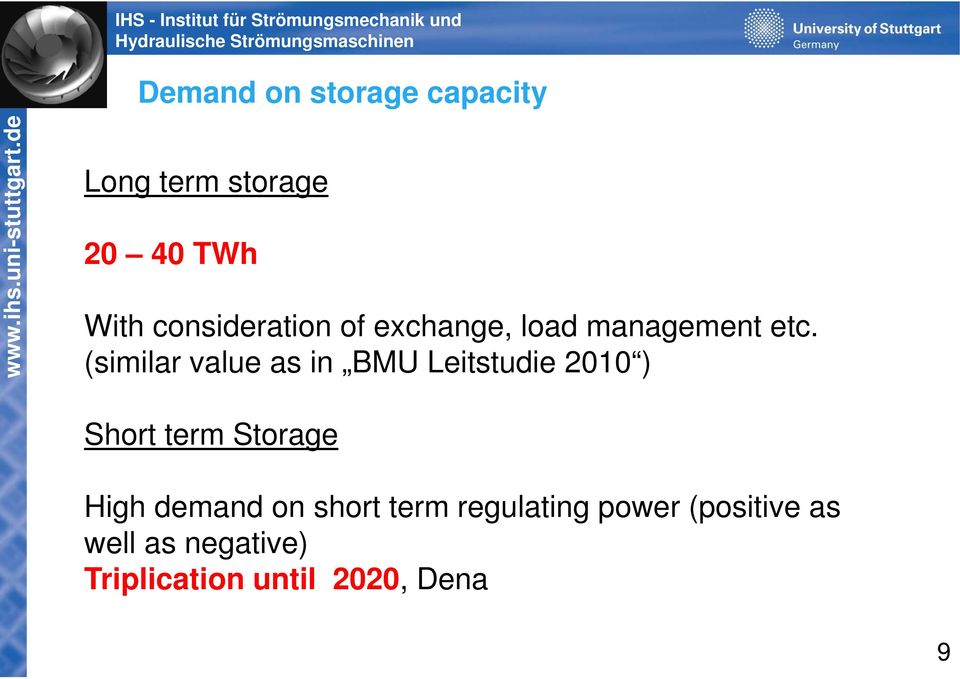 (similar value as in BMU Leitstudie 2010 ) Short term Storage High
