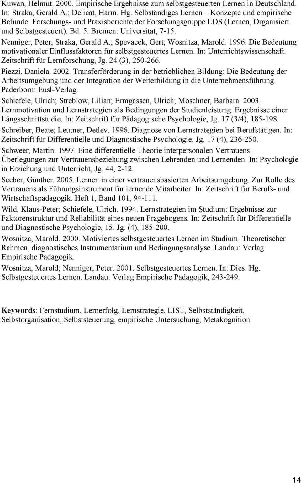 ; Spevacek, Gert; Wosnitza, Marold. 1996. Die Bedeutung motivationaler Einflussfaktoren für selbstgesteuertes Lernen. In: Unterrichtswissenschaft. Zeitschrift für Lernforschung, Jg. 24 (3), 250-266.