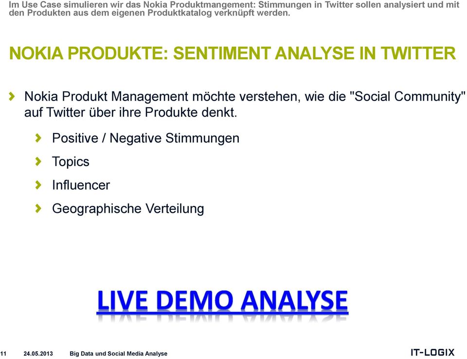 NOKIA PRODUKTE: SENTIMENT ANALYSE IN TWITTER Nokia Produkt Management möchte verstehen, wie die "Social