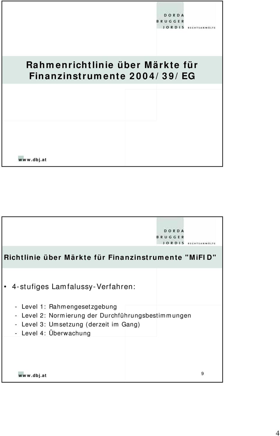 Lamfalussy-Verfahren: - Level 1: Rahmengesetzgebung - Level 2: Normierung