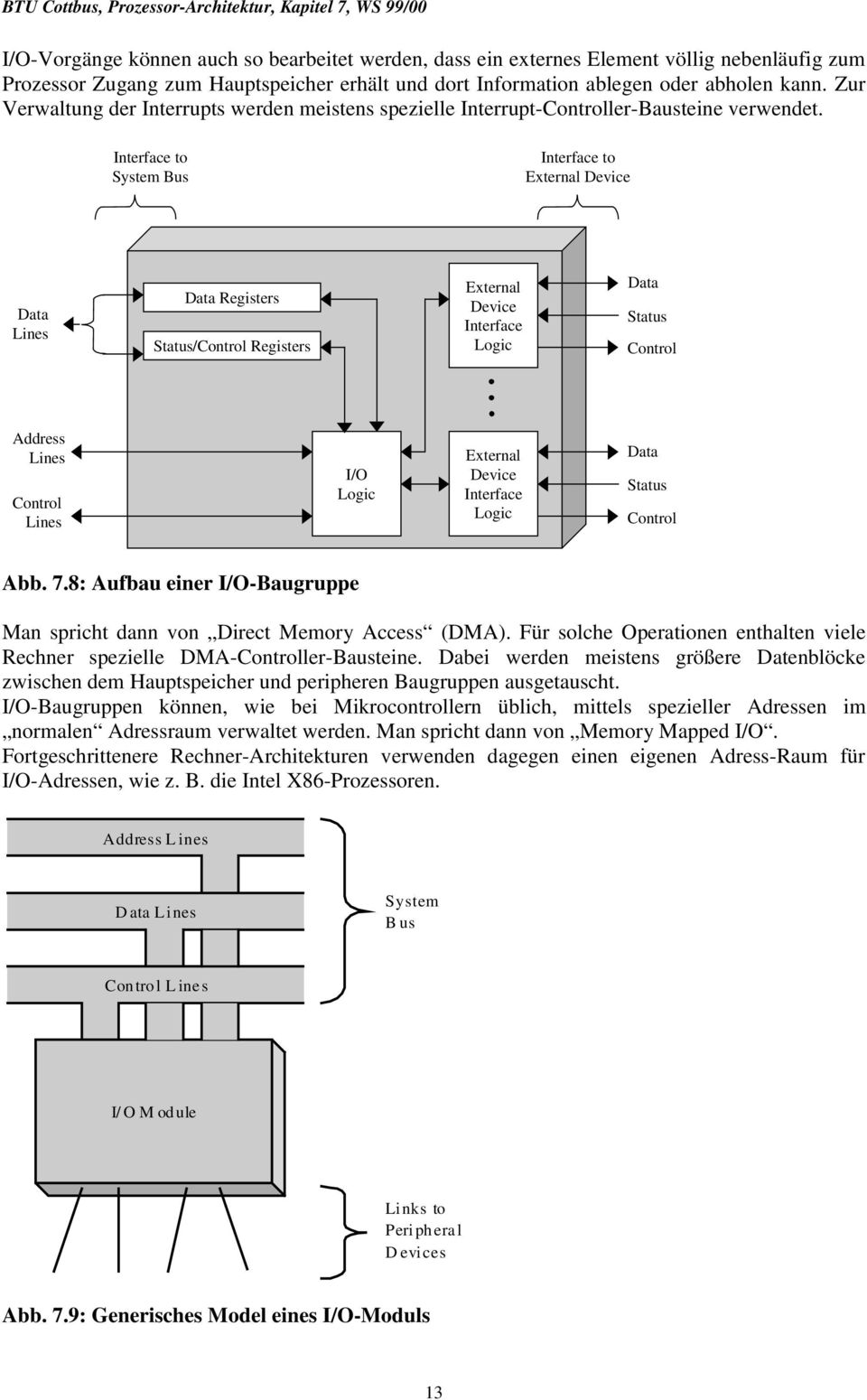 Interface to System Bus Interface to External Device Data Lines Data Registers Status/Control Registers External Device Interface Logic Data Status Control Address Lines Control Lines I/O Logic