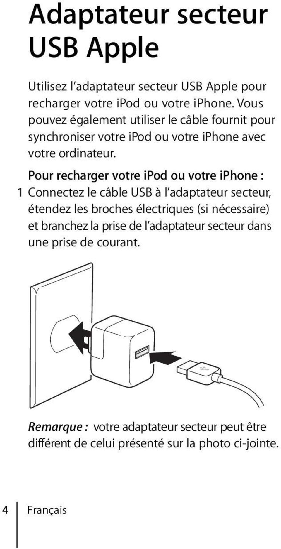 Pour recharger votre ipod ou votre iphone : 1 Connectez le câble USB à l adaptateur secteur, étendez les broches électriques (si