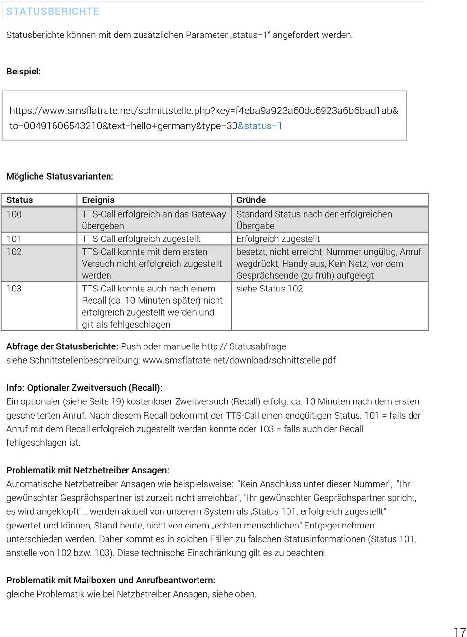 erfolgreichen Übergabe 101 TTS-Call erfolgreich zugestellt Erfolgreich zugestellt 102 TTS-Call konnte mit dem ersten Versuch nicht erfolgreich zugestellt werden 103 TTS-Call konnte auch nach einem