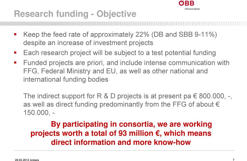 and international funding bodies The indirect support for R & D projects is at present pa 800.