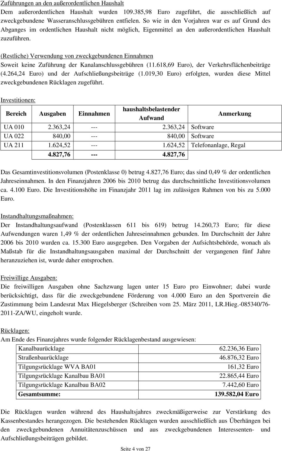 (Restliche) Verwendung von zweckgebundenen Einnahmen Soweit keine Zuführung der Kanalanschlussgebühren (11.618,69 Euro), der Verkehrsflächenbeiträge (4.264,24 Euro) und der Aufschließungsbeiträge (1.