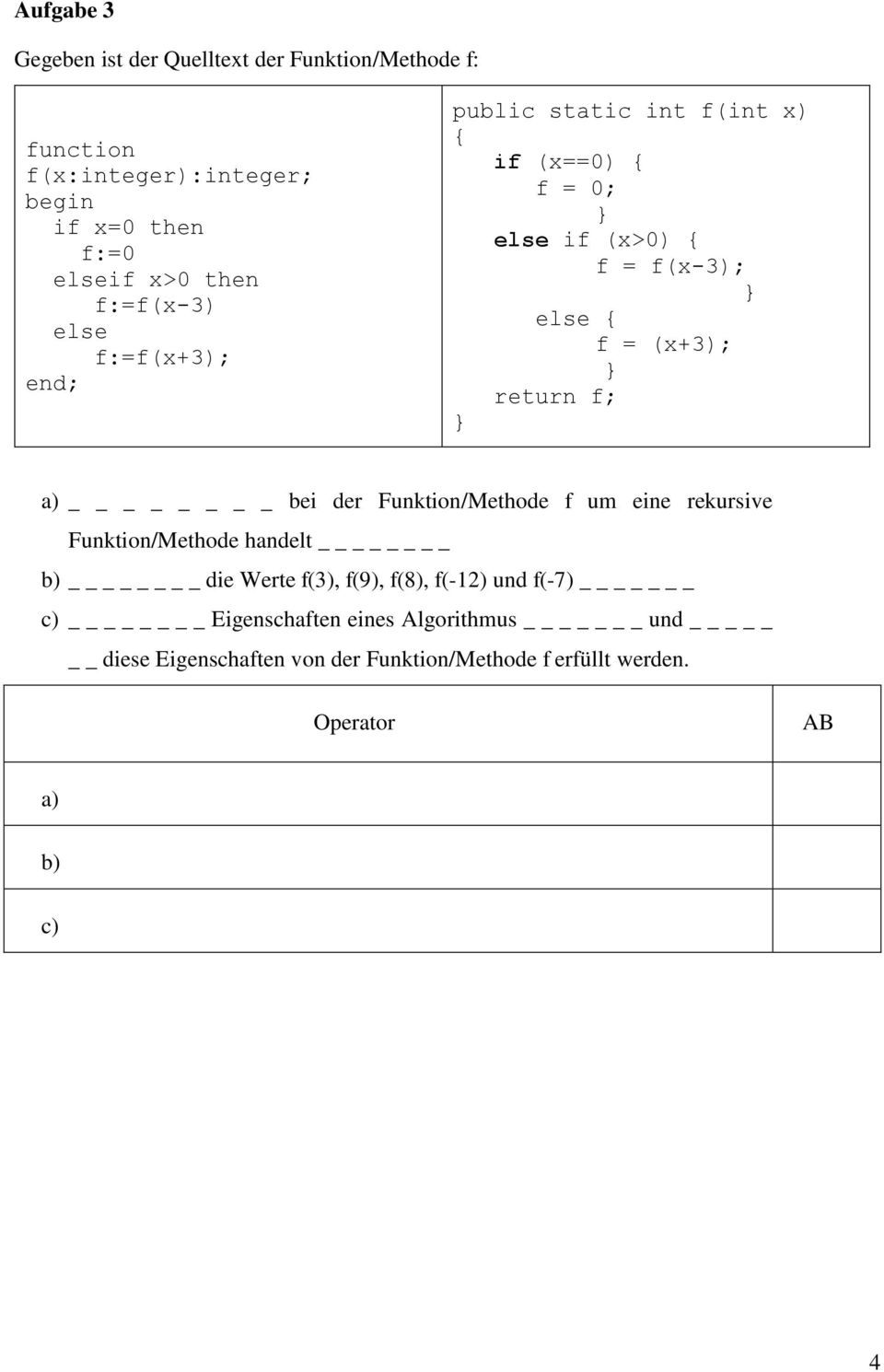 return f; } a) bei der Funktion/Methode f um eine rekursive Funktion/Methode handelt b) die Werte f(3), f(9), f(8), f(-12) und