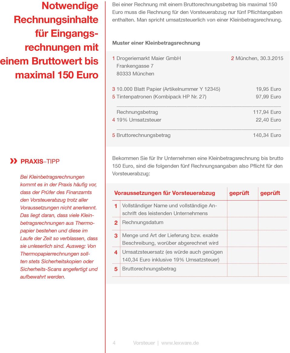.3.2015 Frankengasse 7 80333 München 3 10.000 Blatt Papier (Artikelnummer Y 12345) 19,95 Euro 5 Tintenpatronen (Kombipack HP Nr.