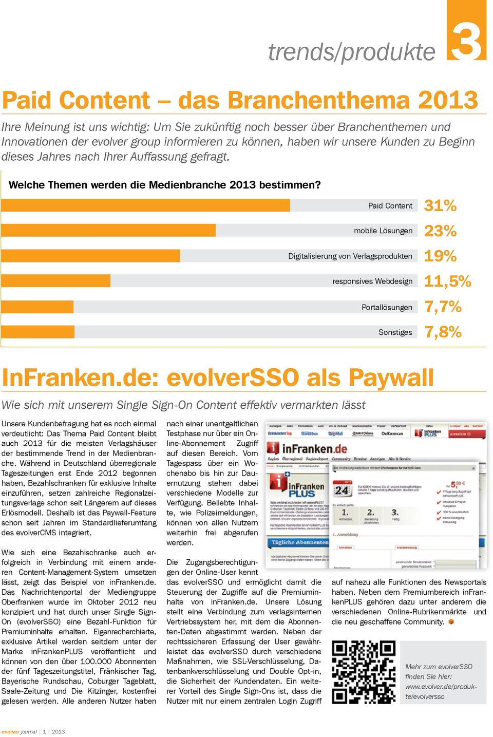 Paid Content mobile Lösungen Digitalisierung von Verlagsprodukten responsives Webdesign Portallösungen Sonstiges 31% 23% 19% 11,5% 7,7% 7,8% InFranken.