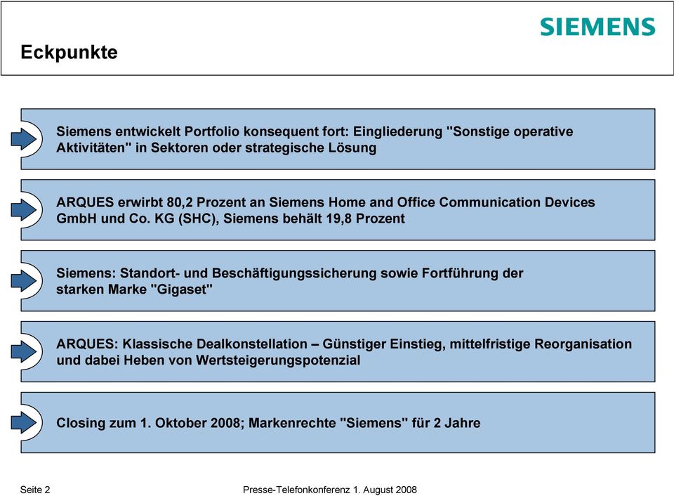 KG (SHC), Siemens behält 19,8 Prozent Siemens: Standort- und Beschäftigungssicherung sowie Fortführung der starken Marke "Gigaset" ARQUES: Klassische