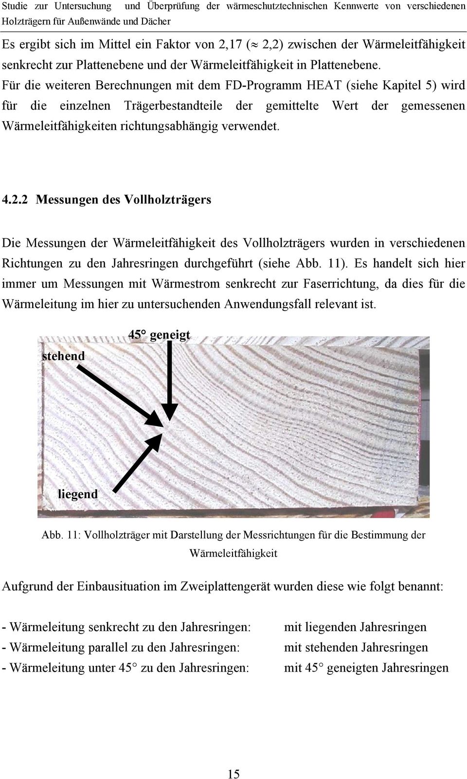 4.2.2 Messungen des Vollholzträgers Die Messungen der Wärmeleitfähigkeit des Vollholzträgers wurden in verschiedenen Richtungen zu den Jahresringen durchgeführt (siehe Abb. 11).