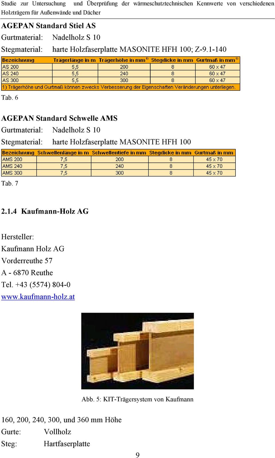 6 AGEPAN Standard Schwelle AMS Gurtmaterial: Nadelholz S 10 Stegmaterial: harte Holzfaserplatte MASONITE HFH 100 Tab.
