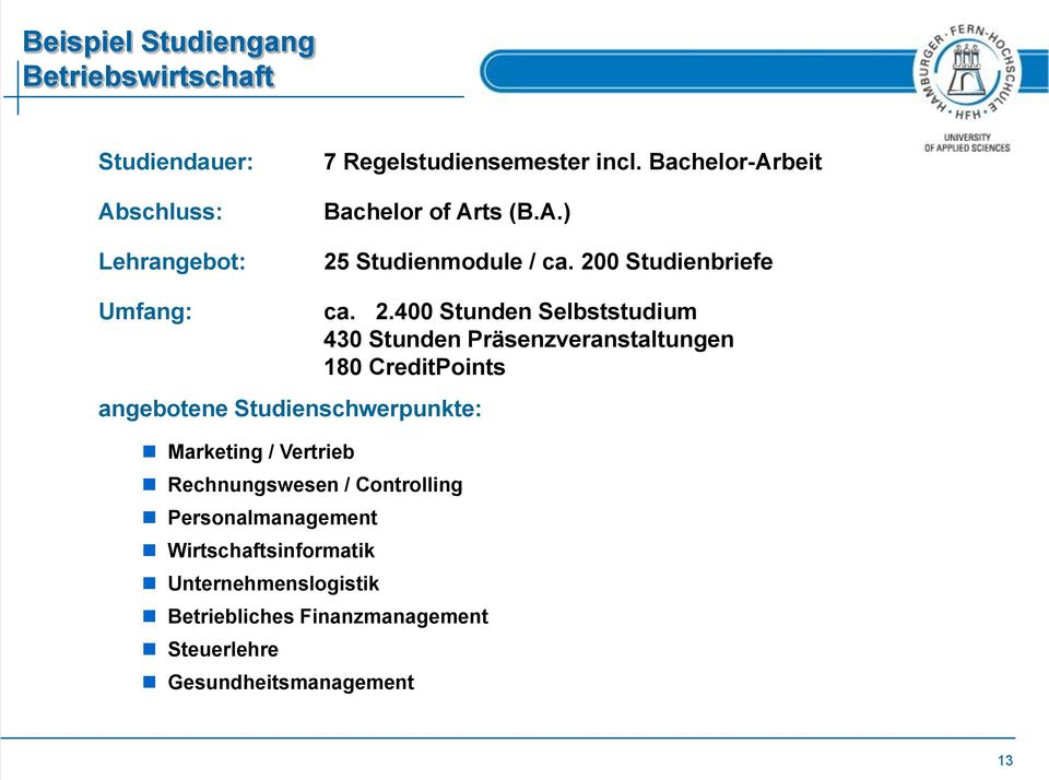 200 Studienbriefe Umfang: angebotene Studienschwerpunkte: Marketing / Vertrieb Rechnungswesen / Controlling