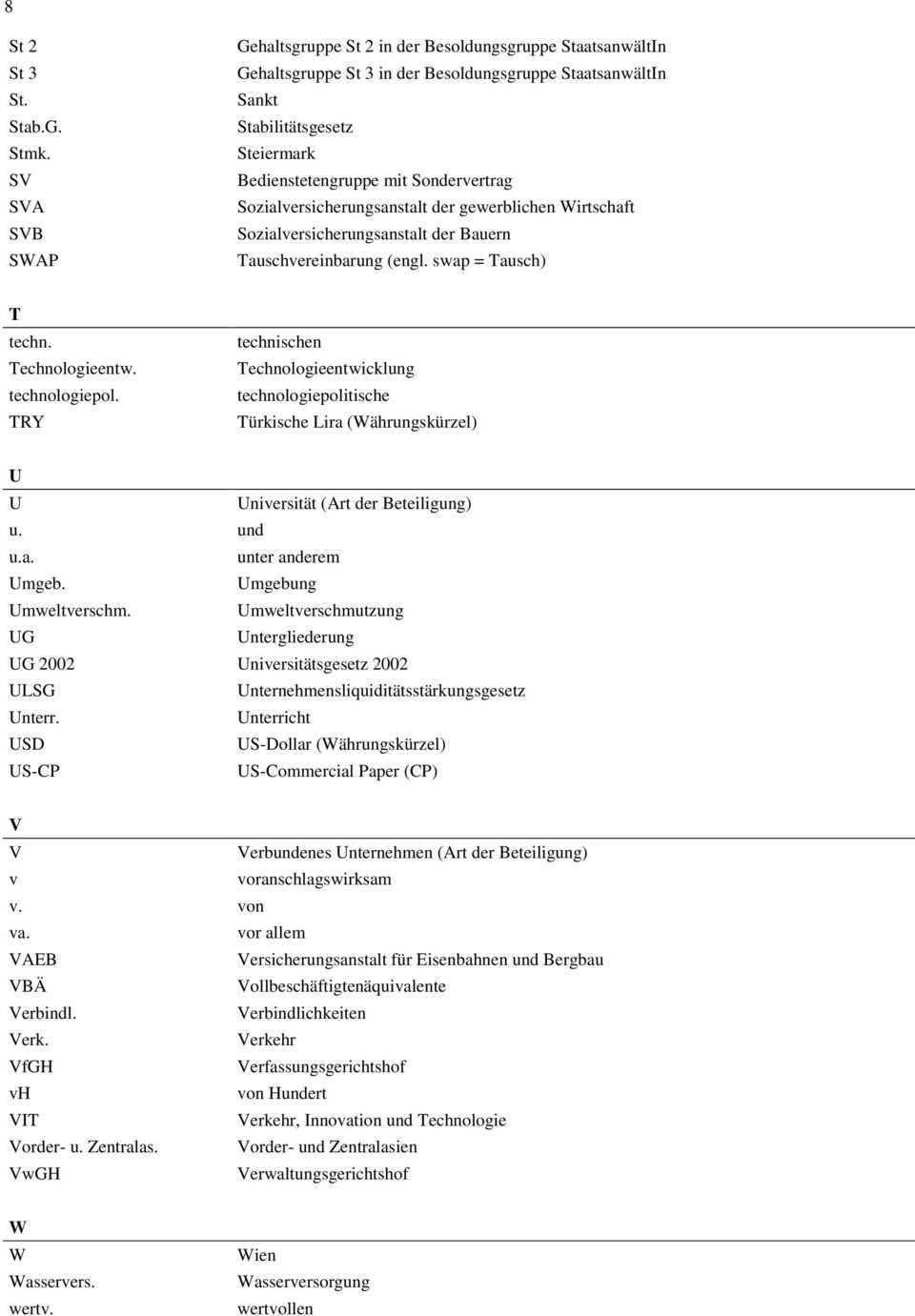 Sondervertrag Sozialversicherungsanstalt der gewerblichen Wirtschaft Sozialversicherungsanstalt der Bauern Tauschvereinbarung (engl. swap = Tausch) T techn. Technologieentw. technologiepol.