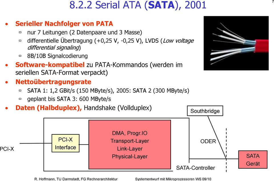 SATA-Format verpackt) Nettoübertragungsrate SATA 1: 1,2 GBit/s (150 MByte/s), 2005: SATA 2 (300 MByte/s) geplant bis SATA 3: 600 MByte/s Daten