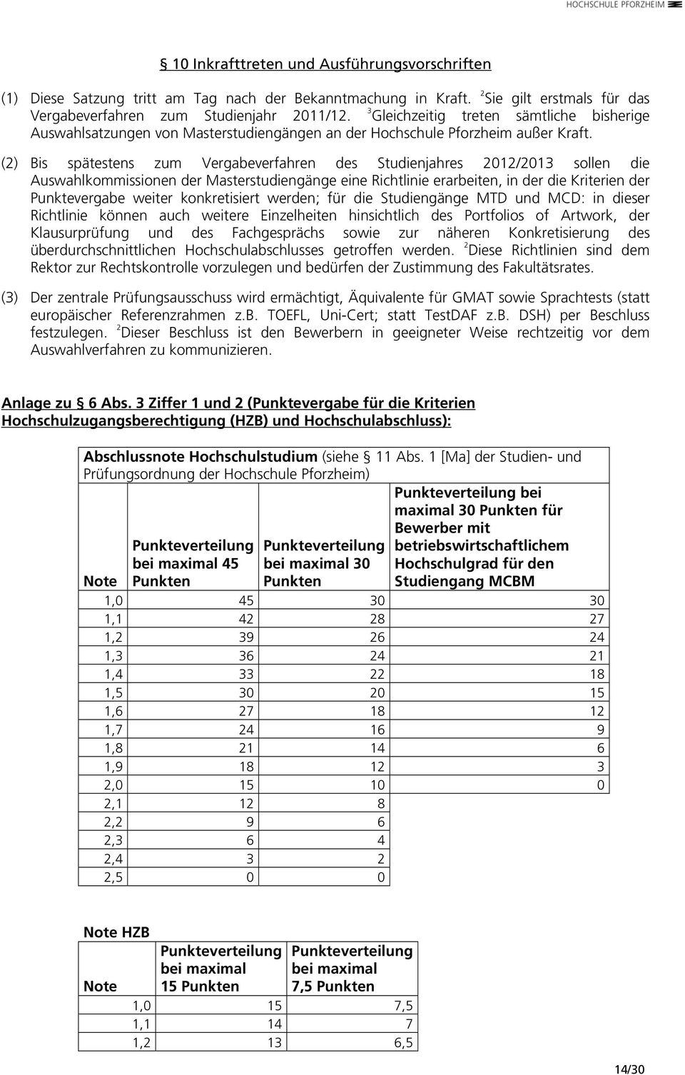 (2) Bis spätestens zum Vergabeverfahren des Studienjahres 2012/2013 sollen die Auswahlkommissionen der Masterstudiengänge eine Richtlinie erarbeiten, in der die Kriterien der Punktevergabe weiter