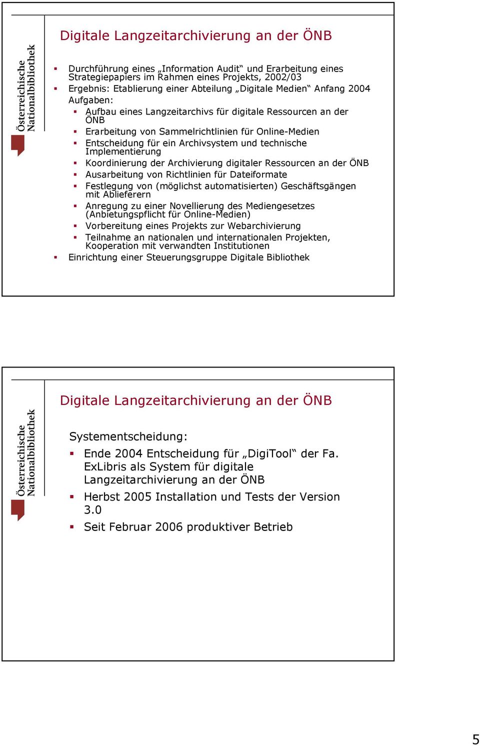 Implementierung Koordinierung der Archivierung digitaler Ressourcen an der ÖNB Ausarbeitung von Richtlinien für Dateiformate Festlegung von (möglichst automatisierten) Geschäftsgängen mit Ablieferern