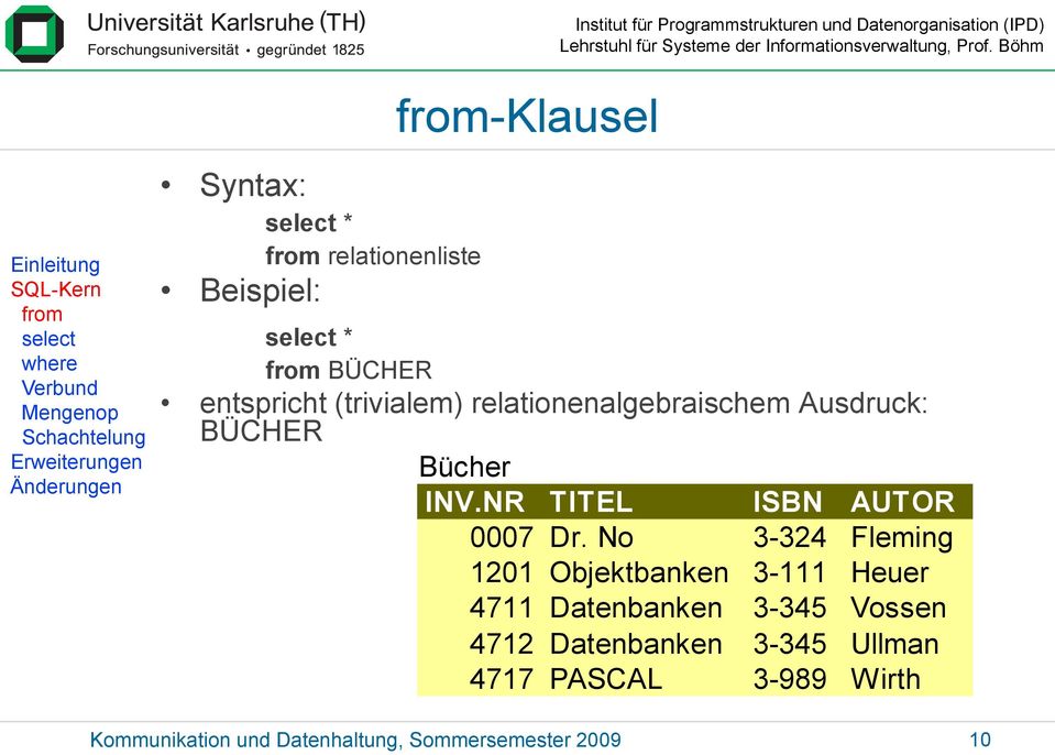 (trivialem) relationenalgebraischem Ausdruck: BÜCHER Bücher INV.NR TITEL ISBN AUTOR 0007 Dr.