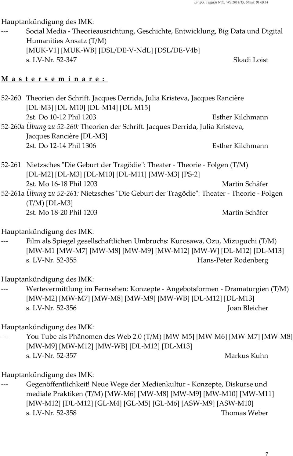 Do 10-12 Phil 1203 Esther Kilchmann 52-260a Übung zu 52-260: Theorien der Schrift. Jacques Derrida, Julia Kristeva, Jacques Rancière [DL-M3] 2st.