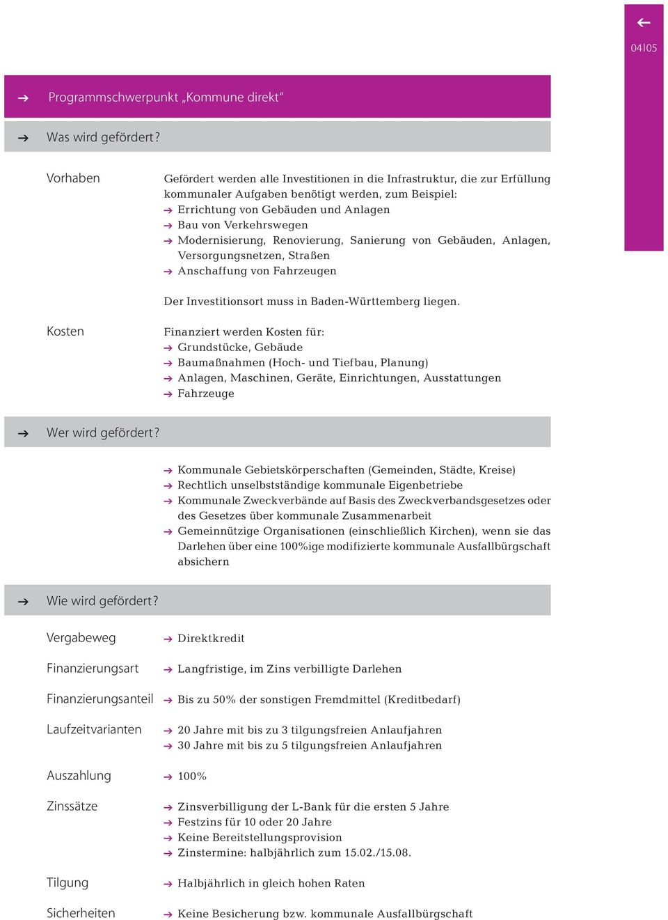 Modernisierung, Renovierung, Sanierung von Gebäuden, Anlagen, Versorgungsnetzen, Straßen Anschaffung von Fahrzeugen Der Investitionsort muss in Baden-Württemberg liegen.