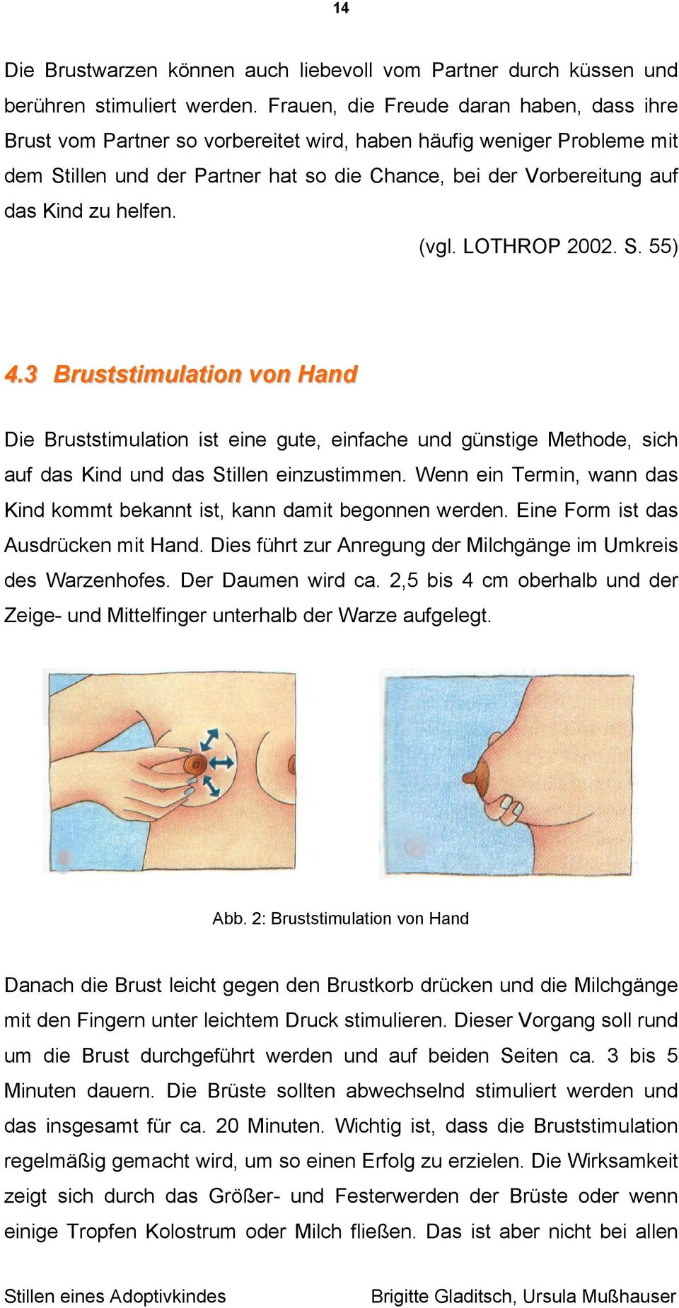 helfen. (vgl. LOTHROP 2002. S. 55) 4.3 Bruststimulation von Hand Die Bruststimulation ist eine gute, einfache und günstige Methode, sich auf das Kind und das Stillen einzustimmen.