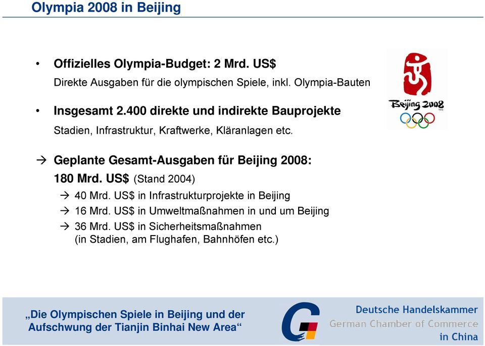 Geplante Gesamt-Ausgaben für Beijing 2008: 180 Mrd. US$ (Stand 2004) 40 Mrd.