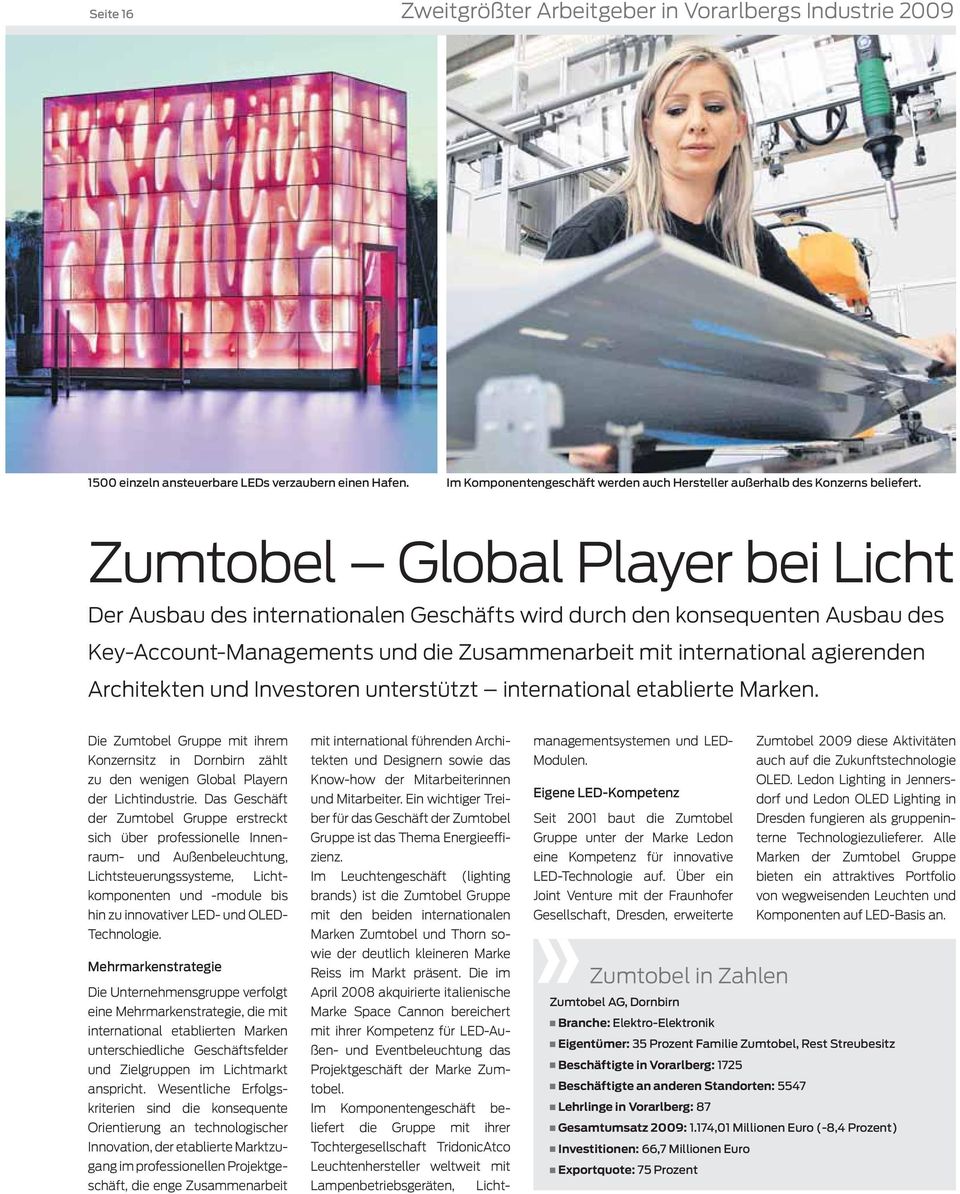 Architekten und Investoren unterstützt international etablierte Marken. Die Zumtobel Gruppe mit ihrem Konzernsitz in Dornbirn zählt zu den wenigen Global Playern der Lichtindustrie.