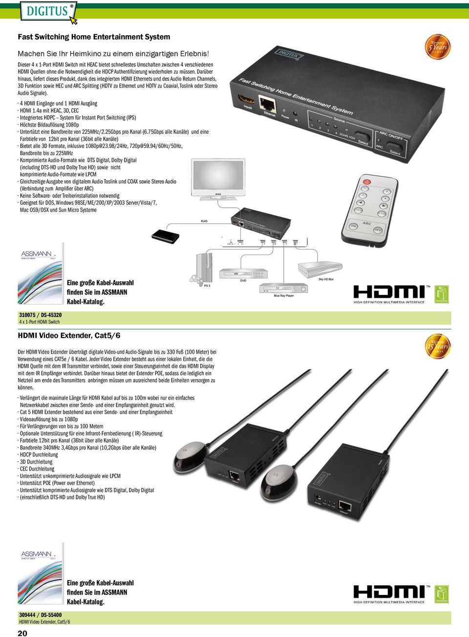 Darüber hinaus, liefert dieses Produkt, dank des integrierten HDMI Ethernets und des Audio Return Channels, 3D Funktion sowie HEC und ARC Splitting (HDTV zu Ethernet und HDTV zu Coaxial, Toslink oder